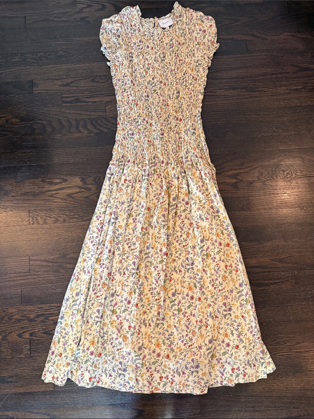 Reformation Yellow Floral Smocked Midi Dress with Purple & Pink Accents